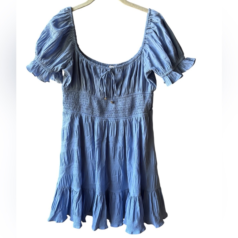 Blush & Day Blue Smocked Puff Sleeve Mini Dress l Large
